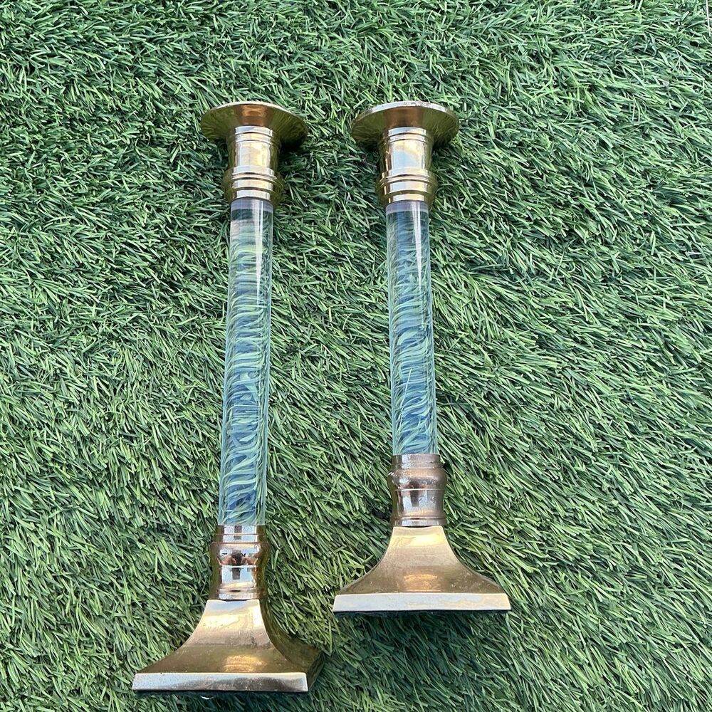 Pair Vintage Brass Acrylic Lucite Candlesticks 10” Clear Column Made in India